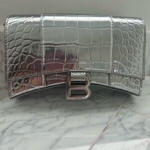 Balenciaga Silver Crocodile Embossed Crossbody Bag
